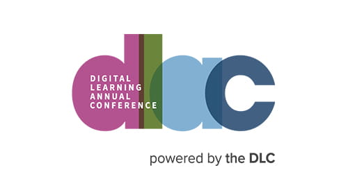 Digital Learning Annual Conference (DLAC) logo with bold overlapping letters 'd', 'l', 'a', and 'c' in pink, green, light blue, and dark blue, respectively. Text 'powered by the DLC' in gray below.