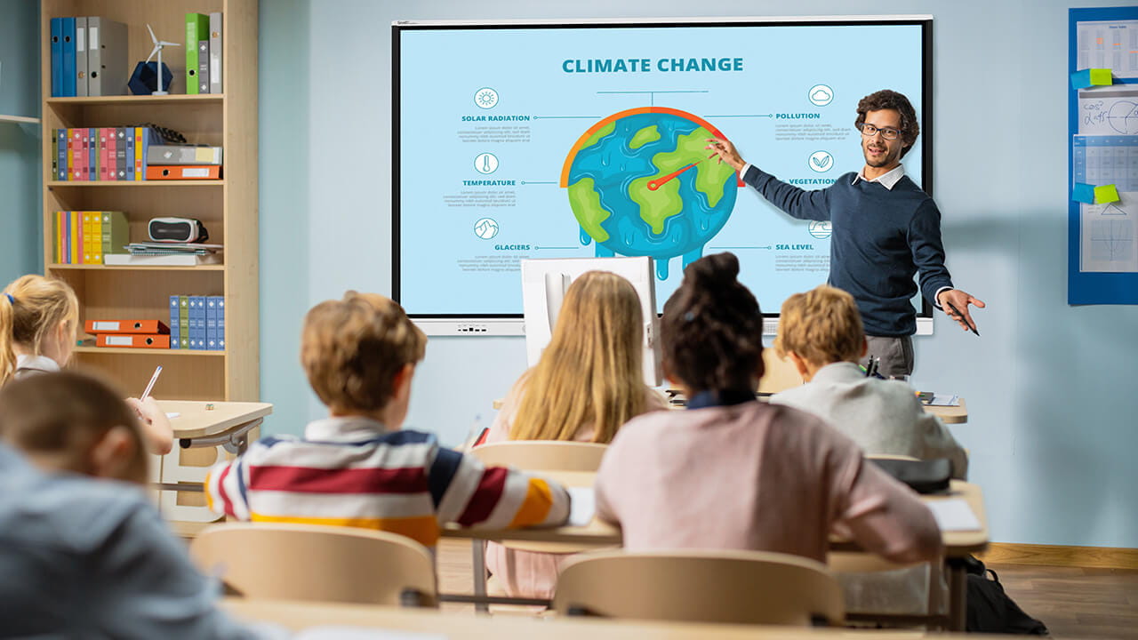 Teacher using a SMART Board with students and a climate change slide on the display