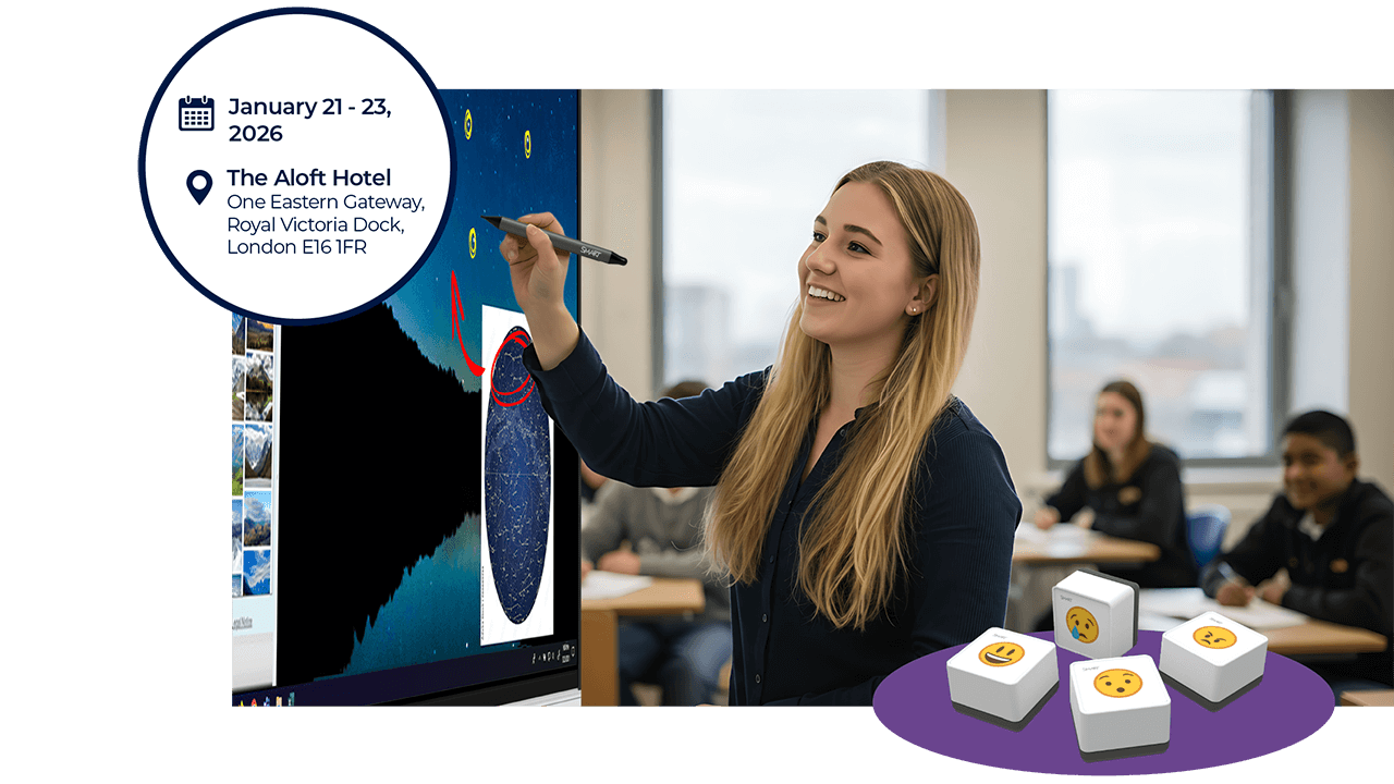 Bett 2026 banner with a Teacher collaborating on a SMART Board