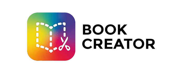 Book Creator brand logo with outlined book and scissors on a gradient background.