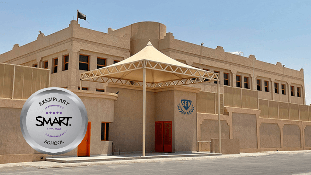 SEK International School Riyadh with SMART Exemplary School 2025–2026 badge.