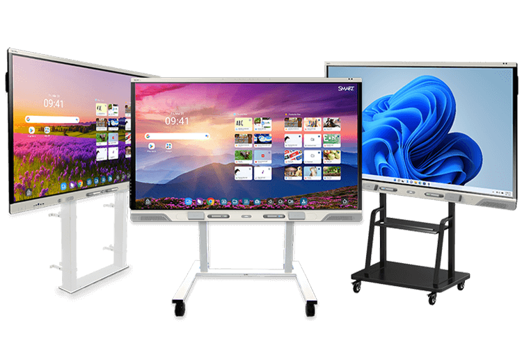 Three SMART Boards on mobile and wall mounts displaying different content.
