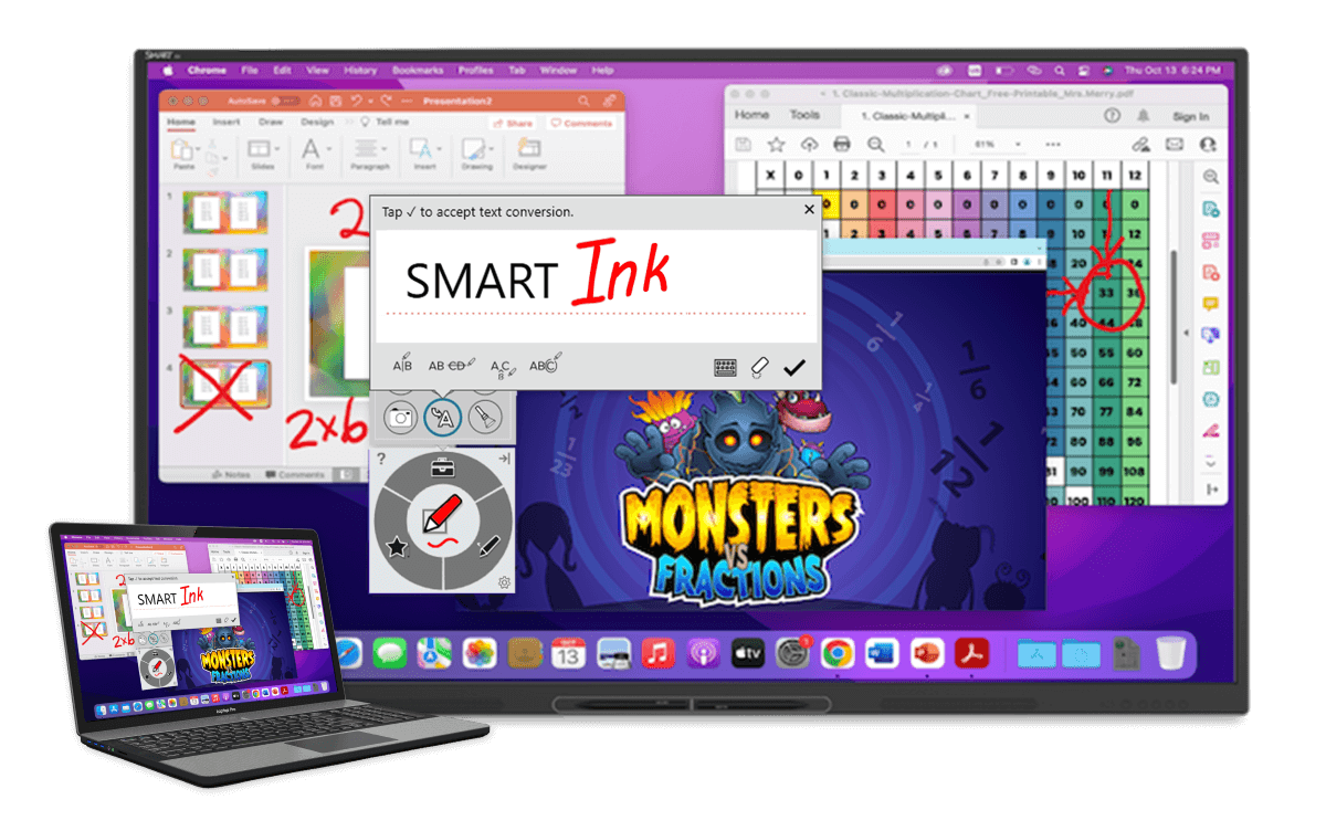 A SMART Board display showcases the SMART Ink software, with tools for writing, drawing, and annotating over a colorful educational presentation, demonstrating the software's functionality for interactive learning.