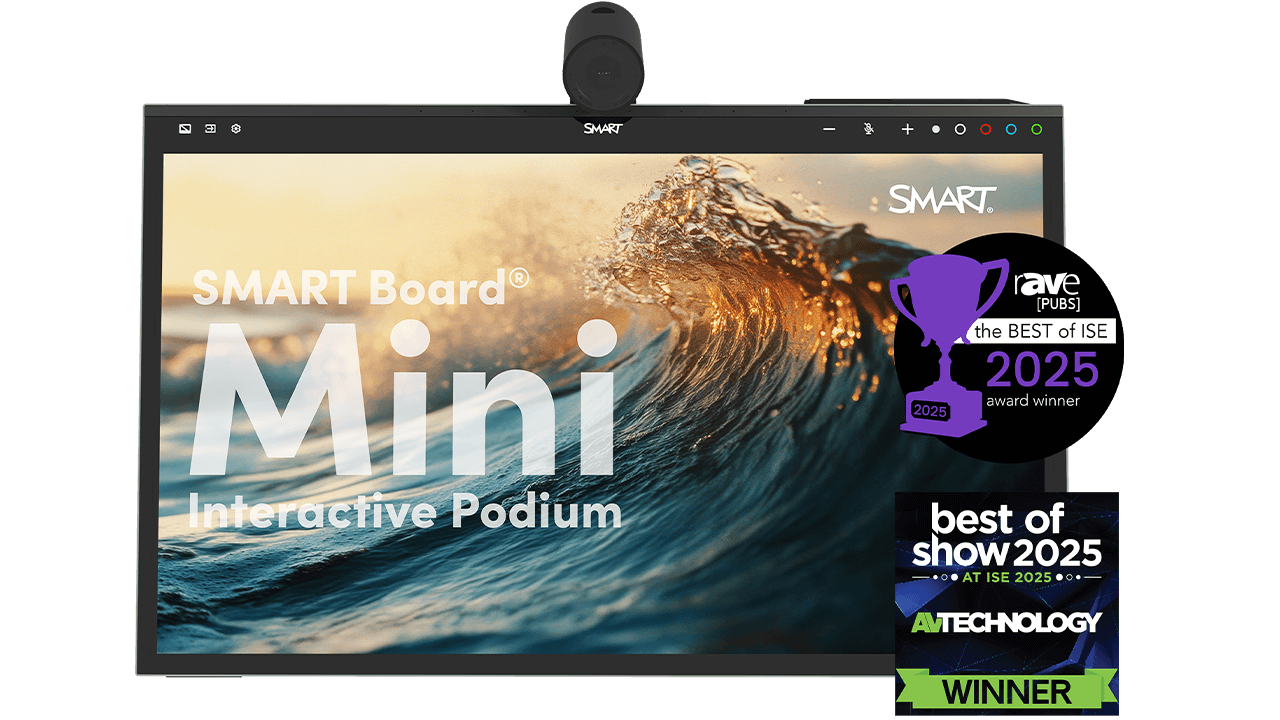 Front view of the SMART Board Mini Interactive Podium displaying a wave image, with the AV Technology award for Best of Show 2025 and rAVe Pubs award for Best of ISE 2025.