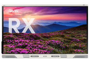 The SMART Board RX series interactive display features a stunning mountain landscape at sunset.