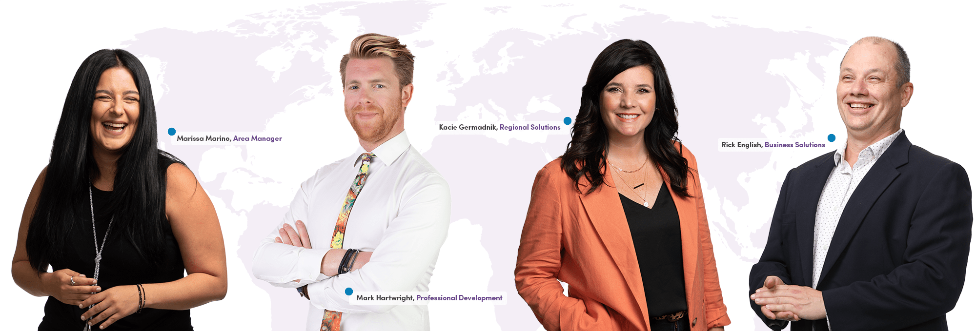 Four SMART Technologies team members, each representing different roles within the company, smiling and posing confidently, overlayed on a map of the world.