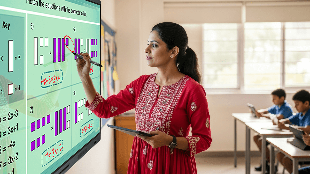 Teacher in a classroom performing fractions for a classroom on a T Pro series SMART Board