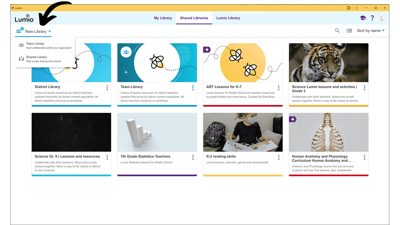 Lumio visual with links to team libraries